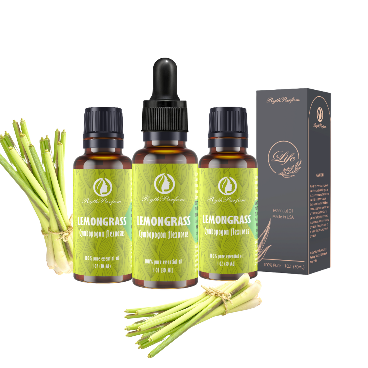 RythParfum Lemongrass Oil (3PACK of 1oz) with 3 Dropper|100% Pure Quality Undiluted Oil with Euro Dropper for Diffuser,Humidifier,Refreshing,Aromatherapy|American Dropper for Face,Hair, Skin,Massage